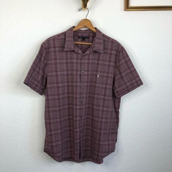 John Varvatos Peace Sign Logo Plaid Button Up Short - Picture 2 of 6